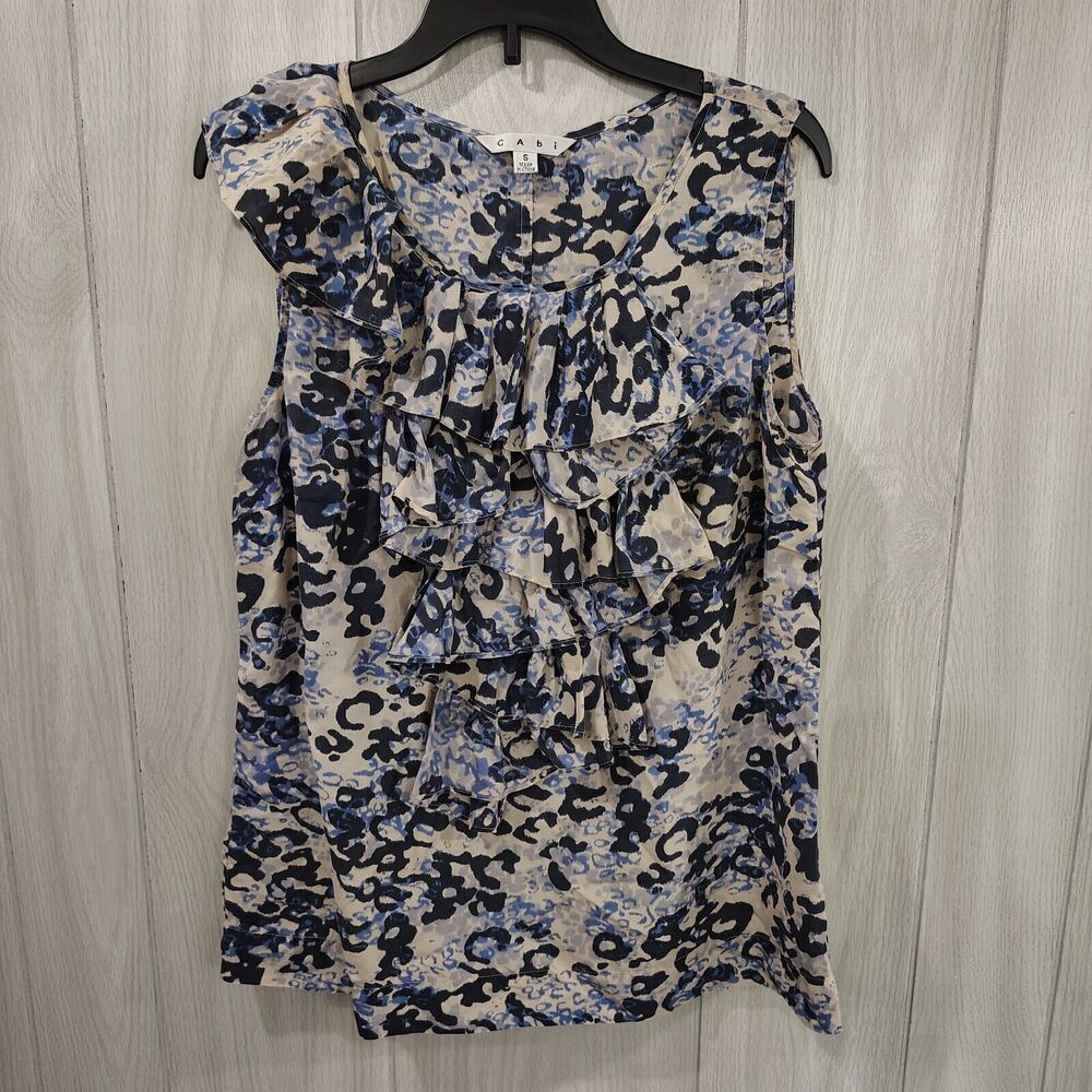 CAbi 100% Silk Blue Animal Print Ruffle Blouse Tank Small